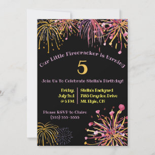 Watercolor Pastel Firecracker, Fireworks Birthday  Invitation