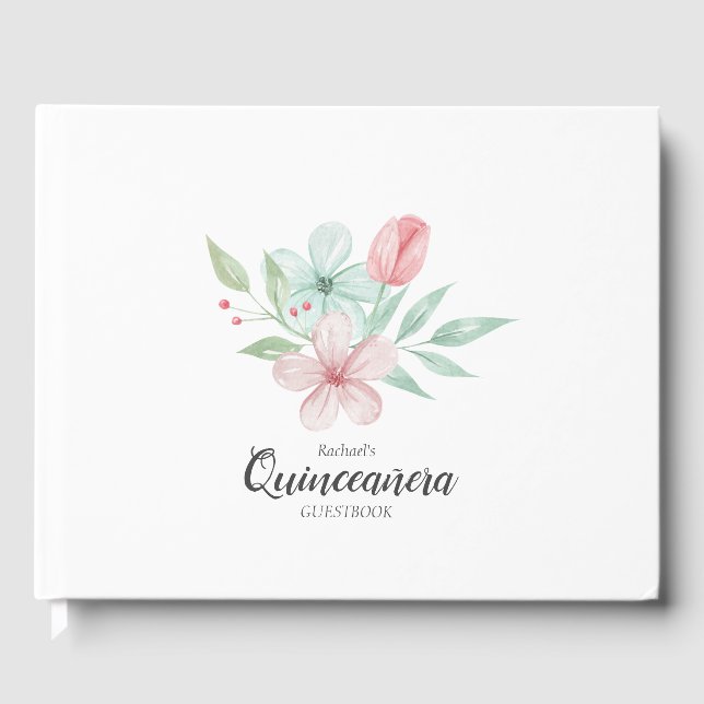 Watercolor Pastel Floral Quinceanera Birthday Guest Book (Front)
