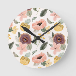 Watercolor Pastel Floral Seamless Pattern Soft Round Clock