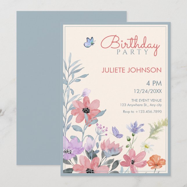 Watercolor pastel flowers butterfly birthday invitation (Front/Back)