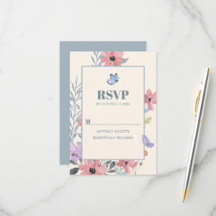 Watercolor pastel flowers butterfly RSVP card