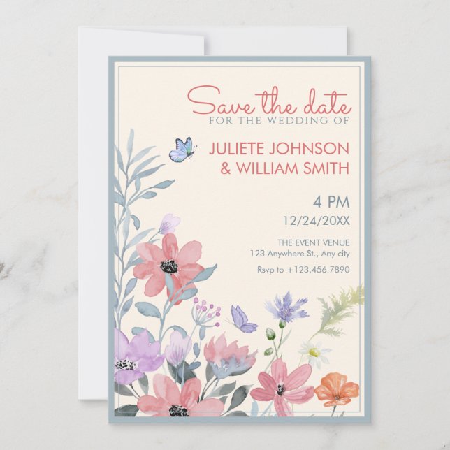 Watercolor pastel flowers butterfly wedding save the date (Front)