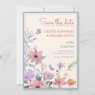 Watercolor pastel flowers butterfly wedding save the date