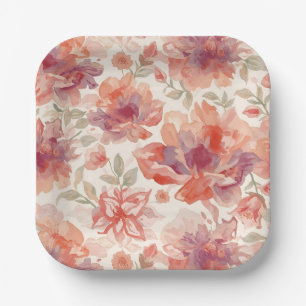 Watercolor Pastel Flowers Light Orange Paper Plate