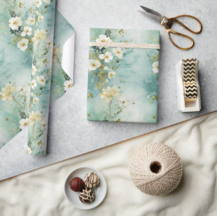 Watercolor pastel green and white wild flowers wrapping paper
