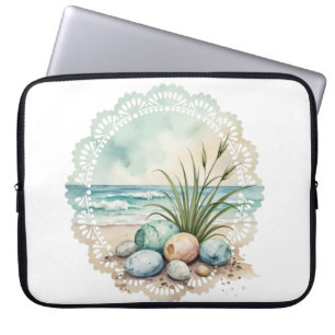 WATERCOLOR PASTEL GREEN & TAN BEACH SCENE LAPTOP SLEEVE