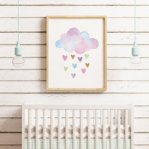 Watercolor Pastel Hearts Cloud Baby Girl Nursery Poster