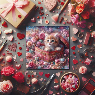 Watercolor Pastel Kitten Heart Candy Valentine Holiday Card