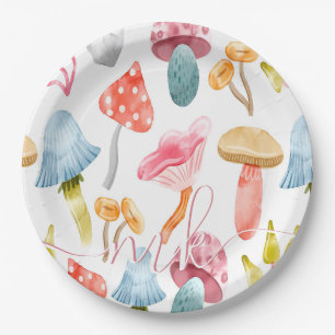 Watercolor Pastel Mushrooms Paper Plate