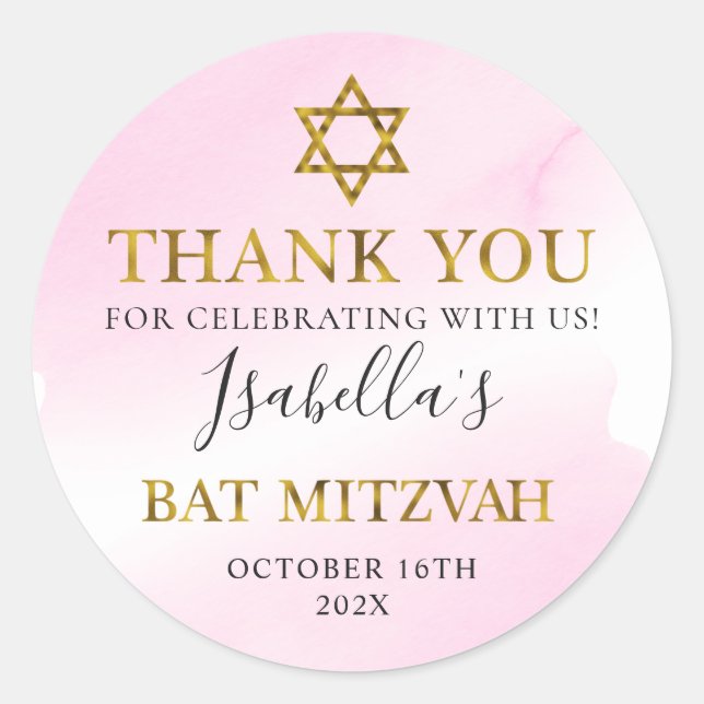 Watercolor Pastel Pink Gold Bat Mitzvah Thank You Classic Round Sticker (Front)