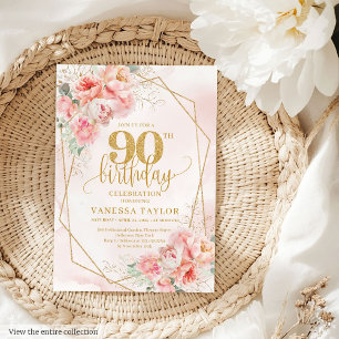 Watercolor Pastel Pink Gold Floral 90th Invitation