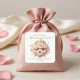 Watercolor Pastel Pink Rose Gold Tiara Quinceañera Square Sticker
