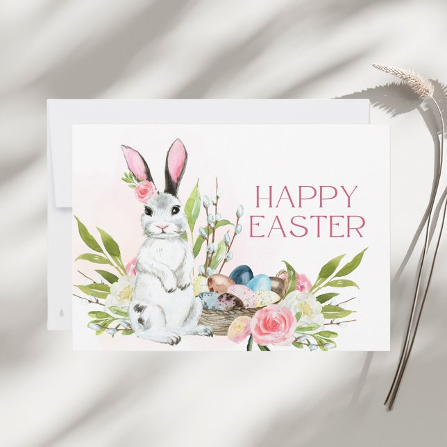 Watercolor Pastel Pink Roses Bunny Happy Easter Card (Creator Uploaded)