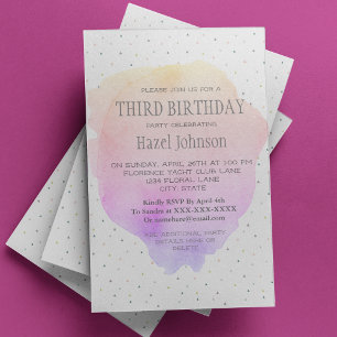Watercolor Pastel Pretty Third Birthday Invitation