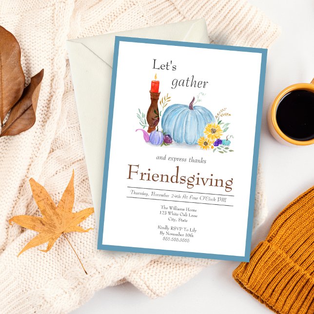 Watercolor Pastel Pumpkin, Autumn Friendsgiving Invitation (Charming Friendsgiving Invite: Soft Watercolors, Pumpkin, Gourds, Flowers, Easy Customization)
