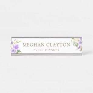 Watercolor Pastel Purple Floral Desk Name Plate