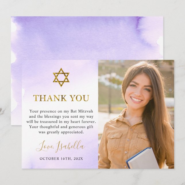 Watercolor Pastel Purple Gold Bat Mitzvah Photo Thank You Card (Front/Back)
