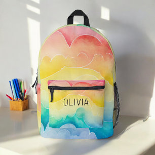 Watercolor Pastel Rainbow Clouds Monogram Printed Backpack
