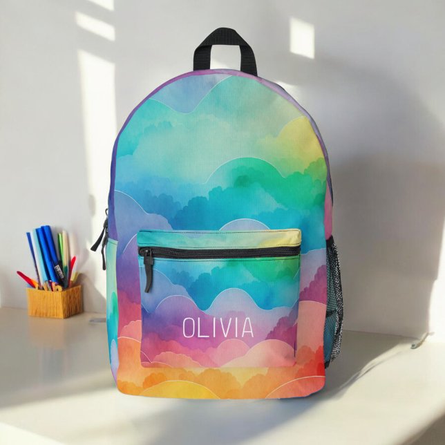 Watercolor Pastel Rainbow Clouds Monogram Printed Backpack (Creator Uploaded)