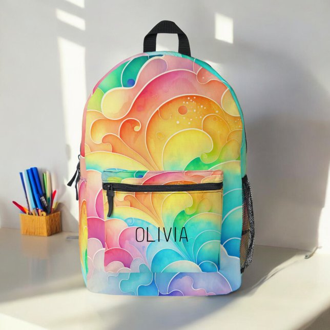 Watercolor Pastel Rainbow Clouds Monogram Printed Backpack (Creator Uploaded)