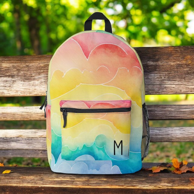 Watercolor Pastel Rainbow Clouds Monogram Printed Backpack (Creator Uploaded)