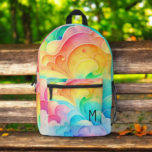 Watercolor Pastel Rainbow Clouds Monogram Printed Backpack