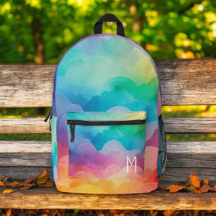 Watercolor Pastel Rainbow Clouds Monogram Printed Backpack