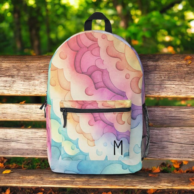 Watercolor Pastel Rainbow Clouds Monogram Printed Backpack (Creator Uploaded)
