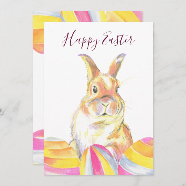Watercolor Pastel Rainbow Easter Bunny Rabbit  Holiday Card (Front/Back)