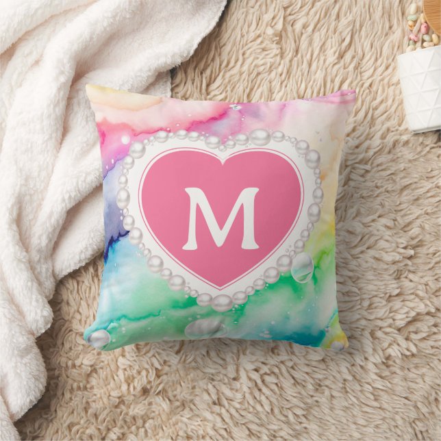 Watercolor Pastel Rainbow Pearl Heart Monogram Cushion (Blanket)