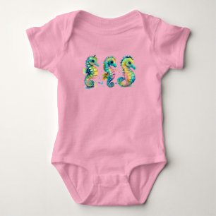 Watercolor Pastel Rainbow Seahorses Baby Bodysuit