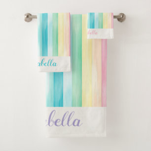 Watercolor Pastel Rainbow Stripes Personised Bath Towel Set