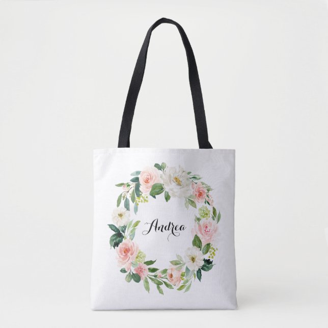 Watercolor Pastel Roses Floral Wreath Bridesmaid Tote Bag (Front)