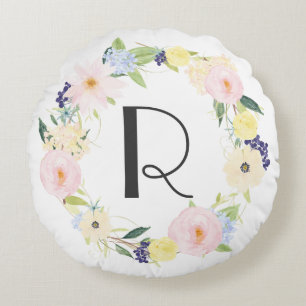 Watercolor Pastel Spring Floral Wreath Monogram Round Cushion