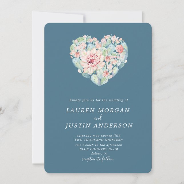 watercolor pastel succulent heart Wedding Invitation (Front)