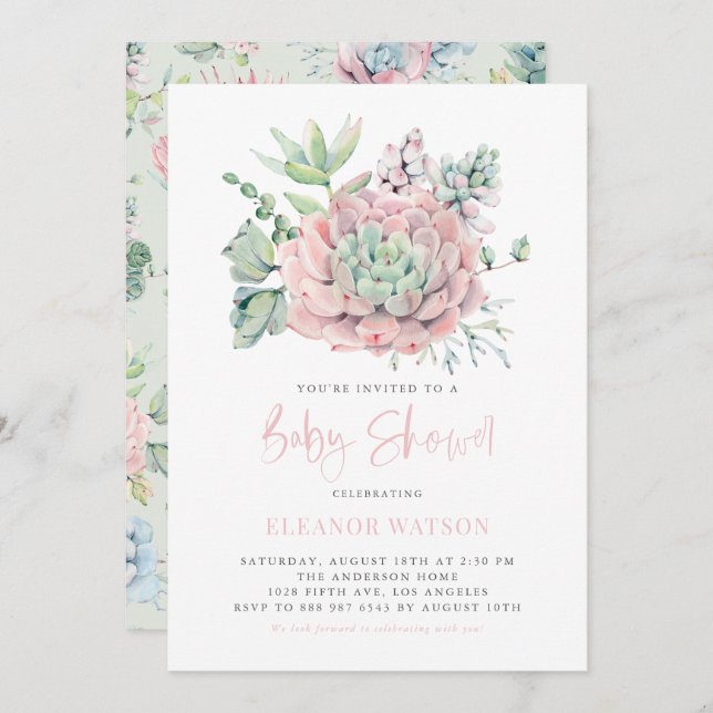 Watercolor Pastel Succulents Baby Shower Invitation (Front/Back)