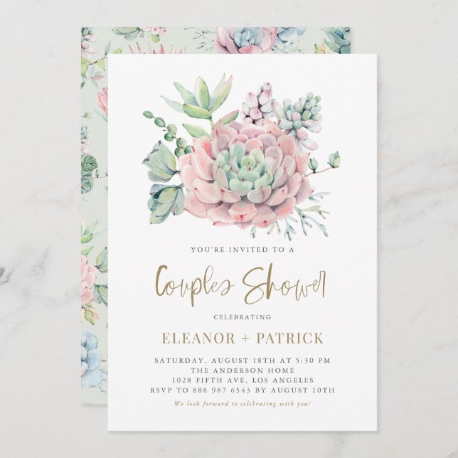 Watercolor Pastel Succulents Couples Shower Invitation (Front/Back)