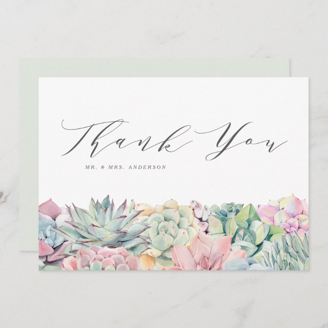 Watercolor Pastel Succulents Garland Wedding Thank You Card (Front/Back)