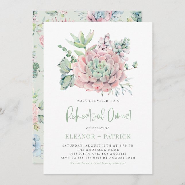 Watercolor Pastel Succulents Rehearsal Dinner Invitation (Front/Back)