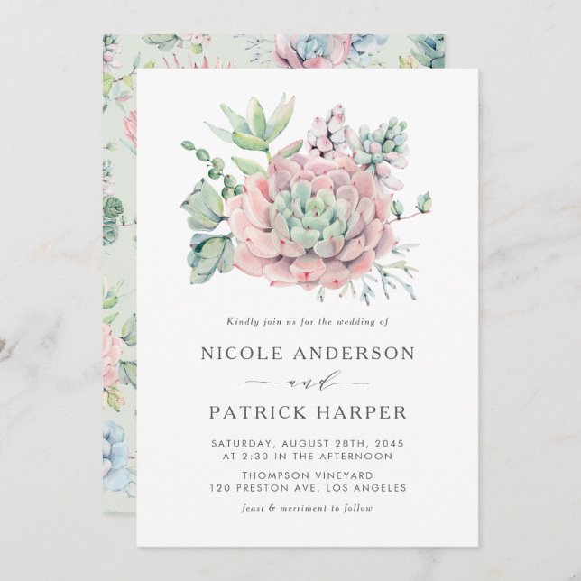 Watercolor Pastel Succulents Wedding Invitation (Front/Back)