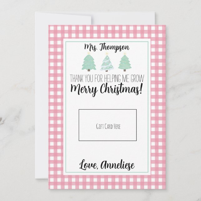 Watercolor Pastel Tree Teacher Christmas Gift Card (Front)