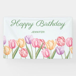 Watercolor Pastel Tulip Flowers Happy Birthday Banner