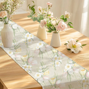 Watercolor Pastel Tulips and Daffodils Spring Short Table Runner