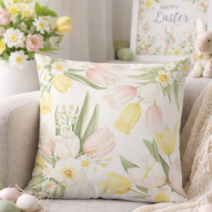 Watercolor Pastel Tulips Daffodils Spring Cushion