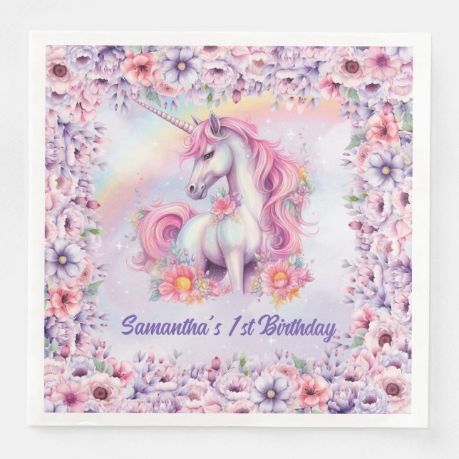 Watercolor Pastel Unicorn Girl Birthday Napkin (Front)