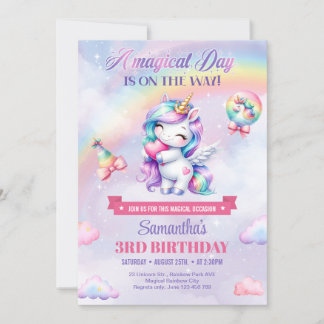 Watercolor pastel unicorn with rainbow and heart invitation