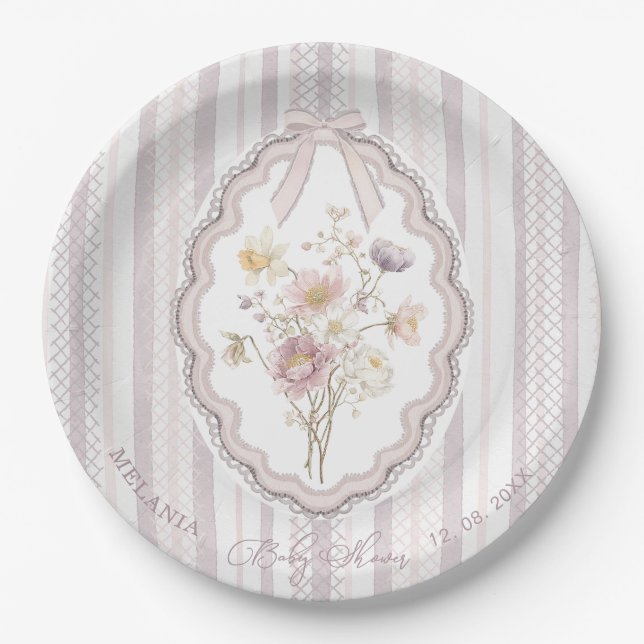    Watercolor pastel wildflower bow lace baby show Paper Plate (Front)