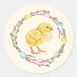 Watercolor Pastel Willow Wreath With Baby Chick Classic Round Sticker