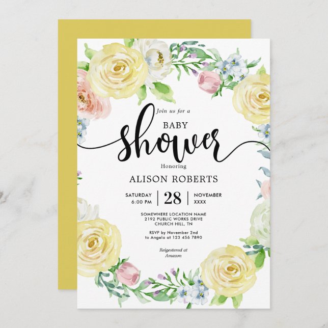 Watercolor pastel yellow wedding baby shower invitation (Front/Back)