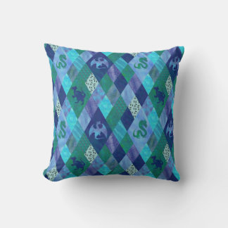 Watercolor Patchwork Dragon in Blue and Green Tape Cushion